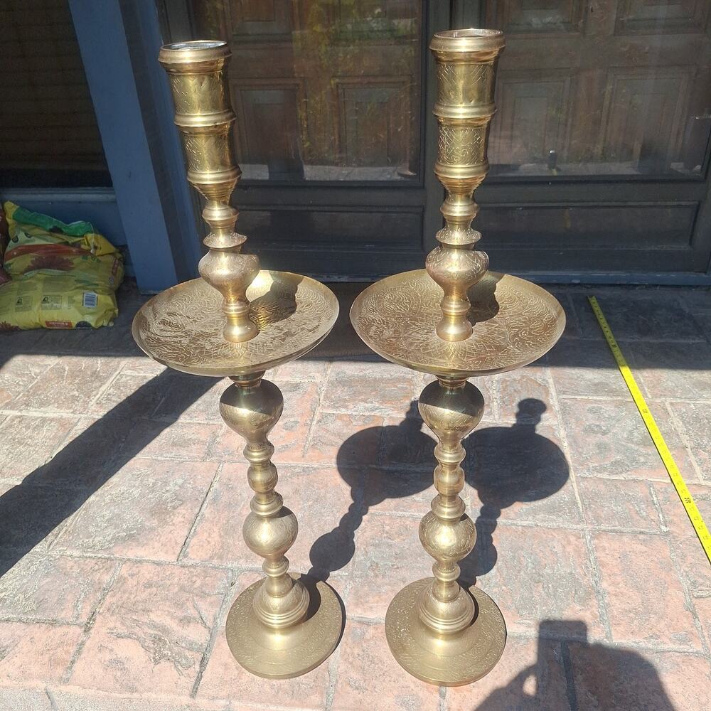 Pair Antique Vintage Ornate Etched Brass Moroccan Style Altar Candlesticks 36”